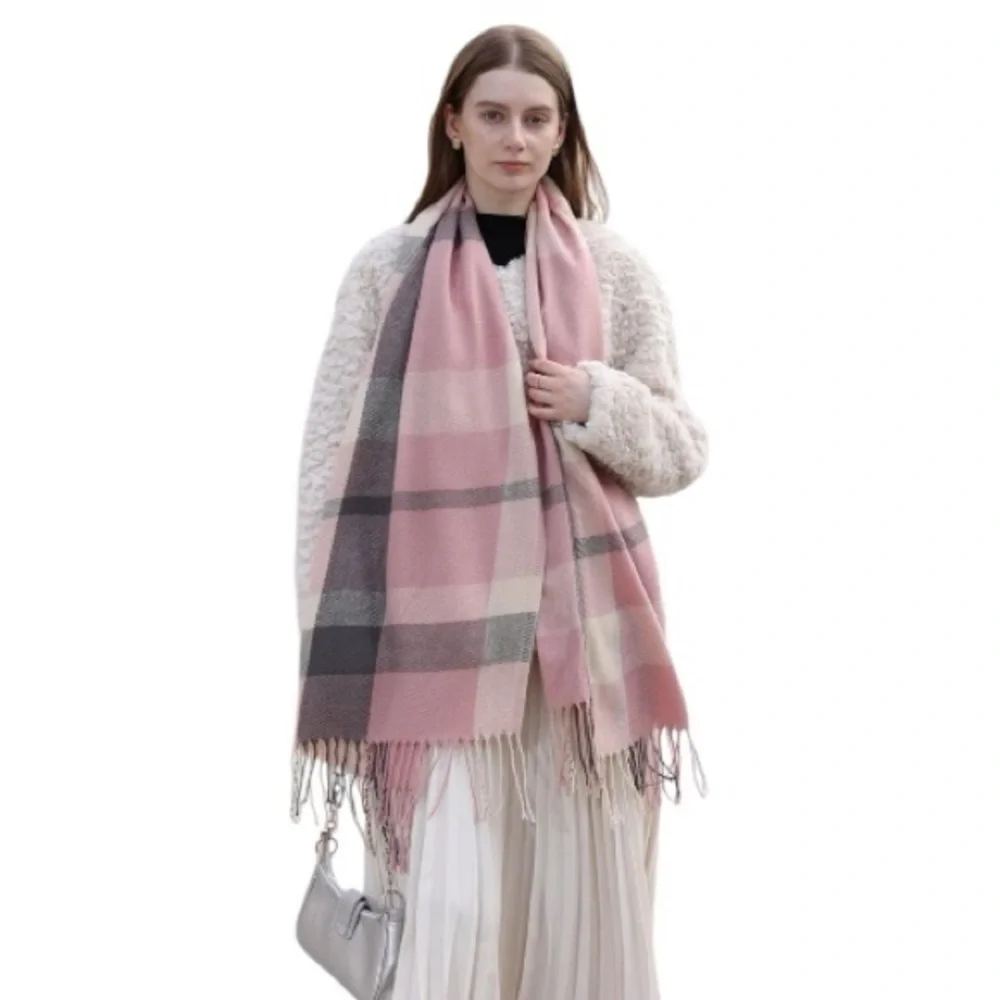 Winter Knit, Long Pink And Grey Plaid Scarf With Fringe New